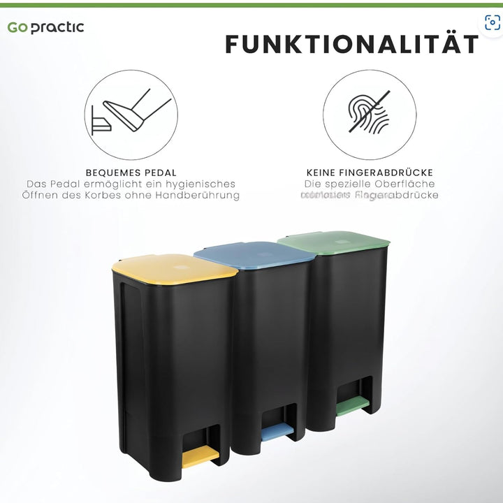 Treteimer Set 3x 40L, Tretmülleimer mit Pedal, Gelb, Grün, Blau Mülleimer, Mülltrennsystem für Papie