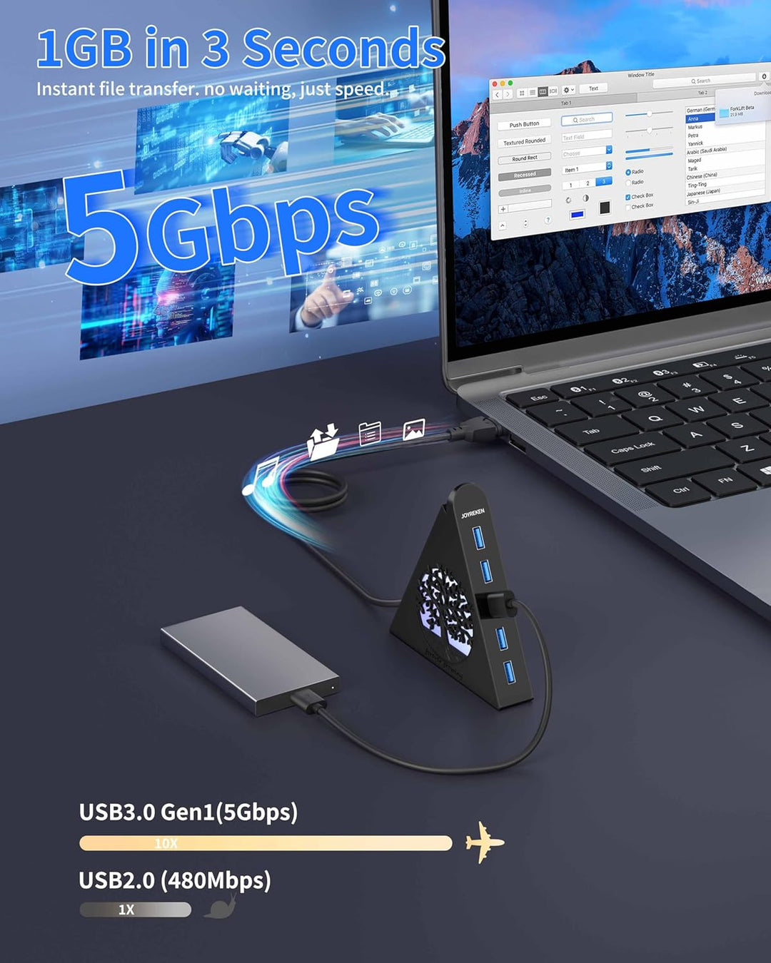 7-Port USB 3.0 Tree Hub, vertikaler USB-Hub-Splitter mit RGB-Baumbeleuchtung, 5 Gbit/s High-Speed-Da