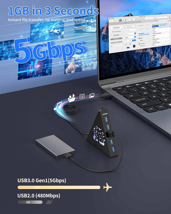7-Port USB 3.0 Tree Hub, vertikaler USB-Hub-Splitter mit RGB-Baumbeleuchtung, 5 Gbit/s High-Speed-Da