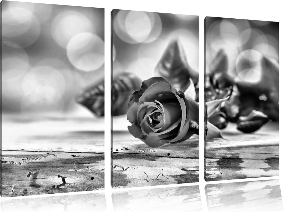 Pixxprint Rose auf Holztisch als Leinwandbild/Grösse: 3 Teilig (120x80) cm/Wandbild/Kunstdruck/ferti