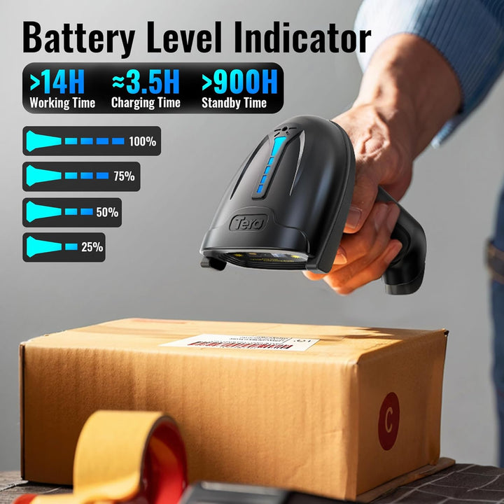 Tera Kabelloser Barcodescanner Handheld 1D Laser Wireless und USB Wired mit Akkustandsanzeige, Extra