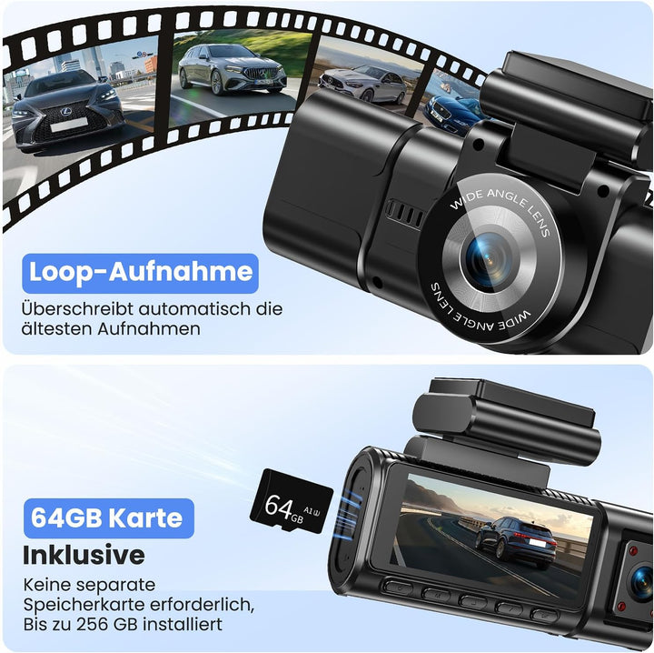 Dashcam Auto Vorne Hinten 4K+1080P mit GPS WiFi,3 Channel 1080P Dash Cam Auto Kamera 3,16" IPS Bilds