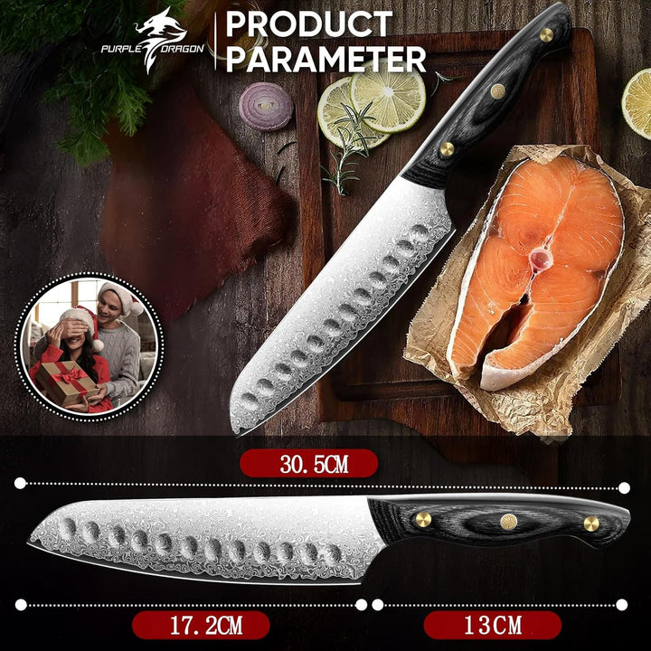 Purple Dragon Damast Santoku Messer - Küchenmesser mit VG10 Kernen und Holzgriff – Handgeschmiedetes