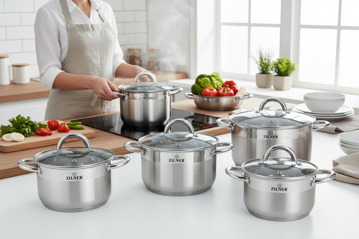 Zilner Topfset - Kochtopf Set 12-teilig - Edelstahl - mit Glasdeckeln - für alle Herdarten - Silber