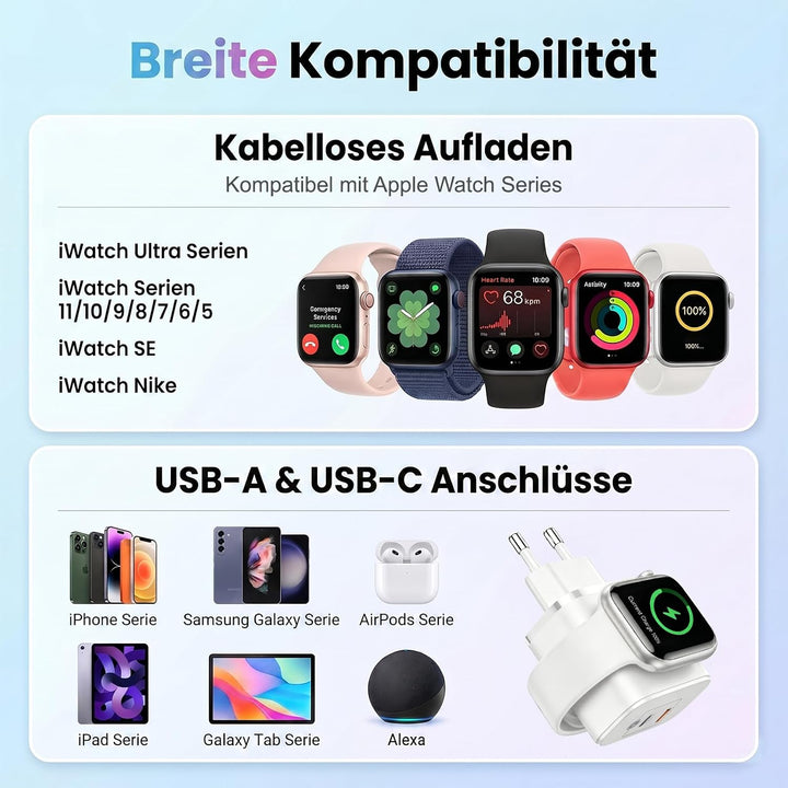 Ladegerät für Apple Watch, 3-in-1 20W USB C iPhone Ladegerät PD Schnellladegerät, USB C Netzteil mit