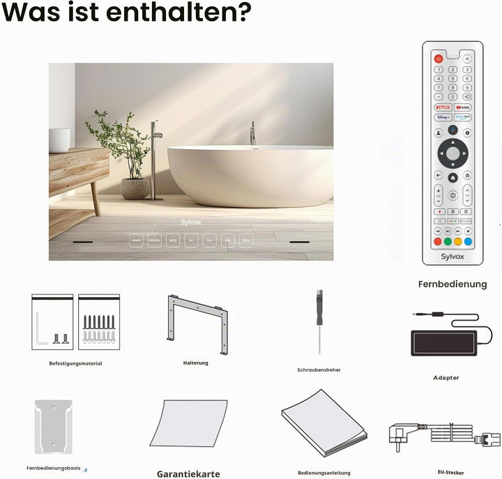 SYLVOX Spiegel Fernseher für Bad 32 Zoll, Wasserdichter IP66 Google TV 1080P | 60Hz| Hotspot &amp; WiFi