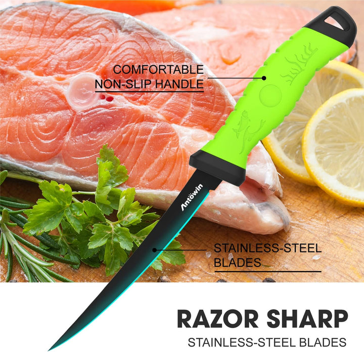 ANTOWIN 20,3 cm Fishing Edelstahl Filetiermesser Set mit Messer-Schärfer, Ergonomischer ABS Griff, B