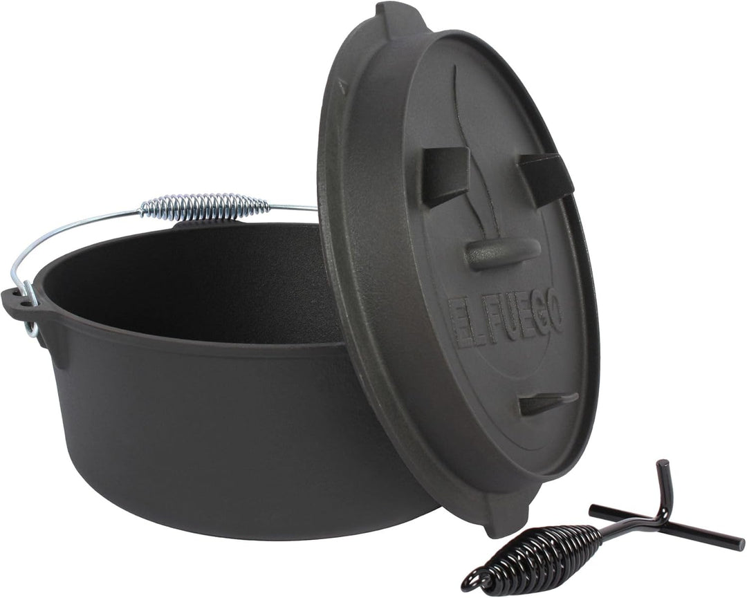 Dutch Oven 13,6 Liter von El Fuego®, 100% Gusseisen, inkl. Schürhaken und Tragebügel, Camping & Outd