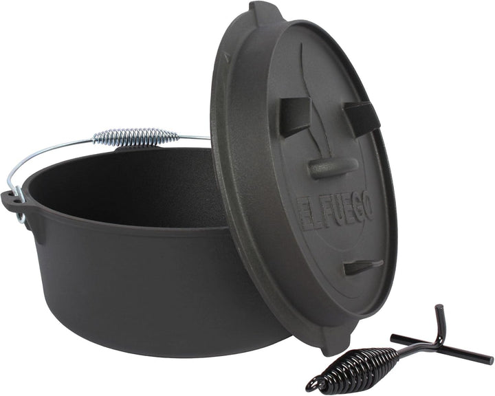 Dutch Oven 13,6 Liter von El Fuego®, 100% Gusseisen, inkl. Schürhaken und Tragebügel, Camping & Outd