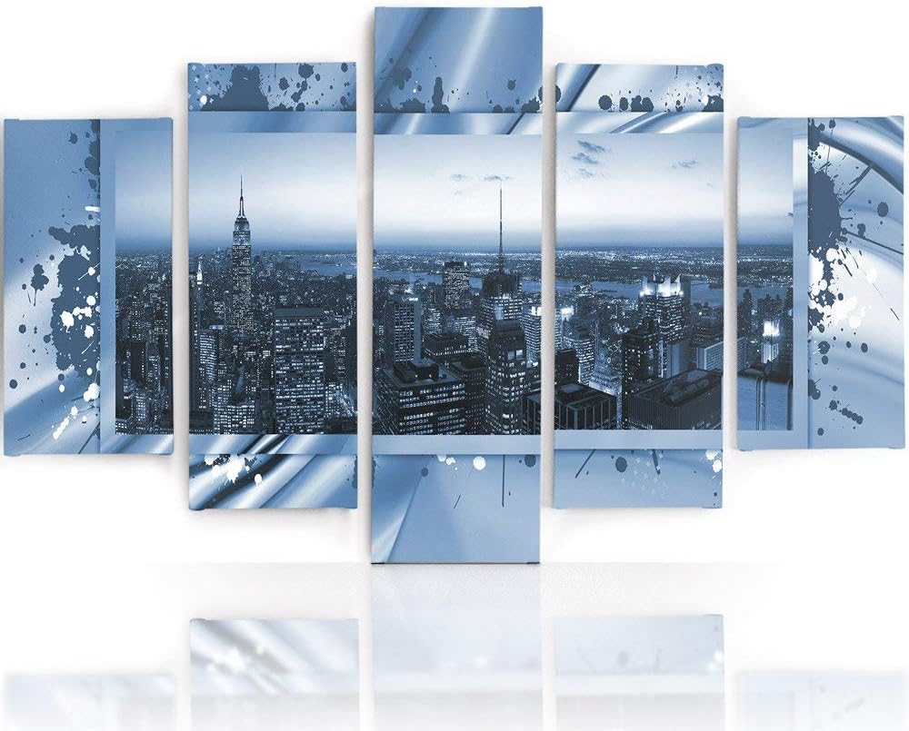 Feeby Frames, Leinwandbild Bilder Wand Bild - 5 Teile - Wandbilder Kunstdruck (New York City, BLAU)