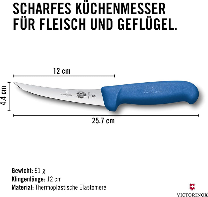 Victorinox Fibrox Ausbeinmesser, Scharfes Küchenmesser für Fleisch und Fisch, 12 cm, Gebogene Klinge