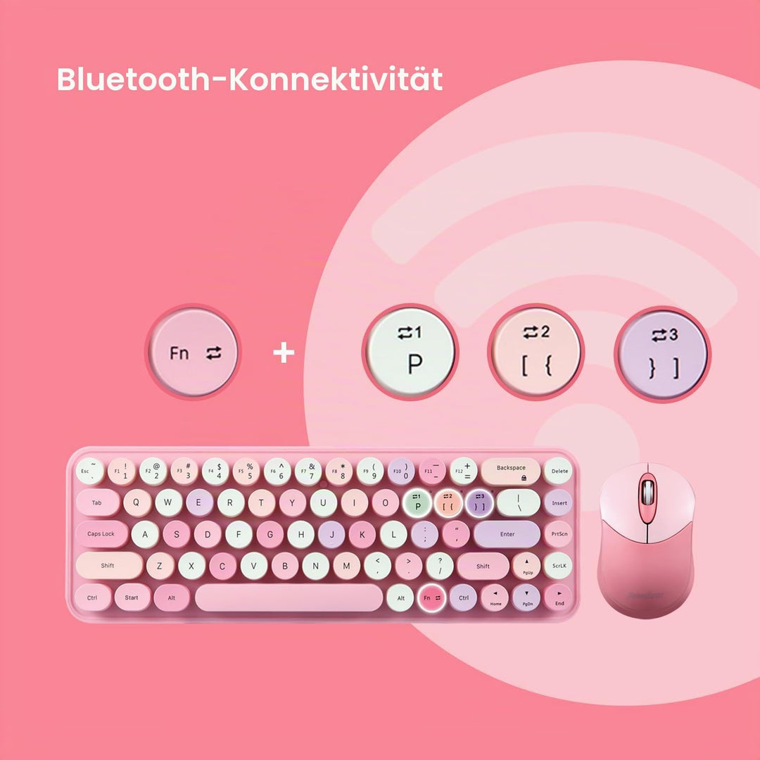 Perixx PERIDUO-802PK Bluetooth Mini Keyboard and Mouse Combo - Retro Round Key Caps - Pastel Pink -