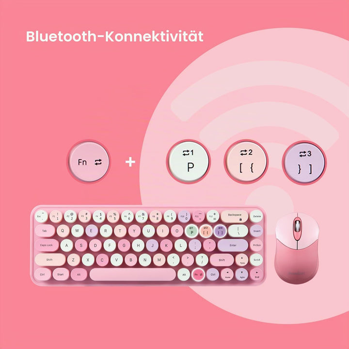Perixx PERIDUO-802PK Bluetooth Mini Keyboard and Mouse Combo - Retro Round Key Caps - Pastel Pink -