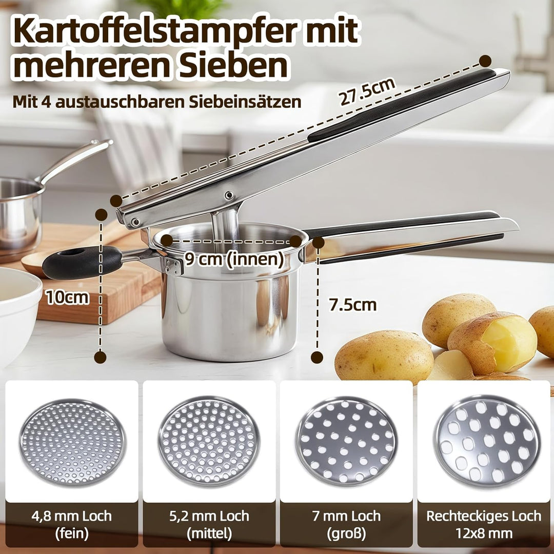 Kartoffelpresse Edelstahl, Spätzlepresse mit 4 Austauschbaren Spätzlesieb in Verschiedene Porengröss