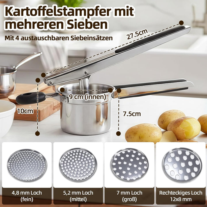 Kartoffelpresse Edelstahl, Spätzlepresse mit 4 Austauschbaren Spätzlesieb in Verschiedene Porengröss