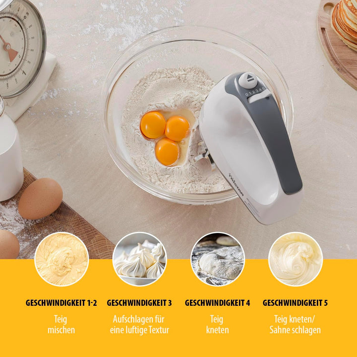 Tristar Handmixer, 5 Geschwindigkeitsstufen, 200W, Ergonomisch, Edelstahl-Rührbesen und Knethaken, S
