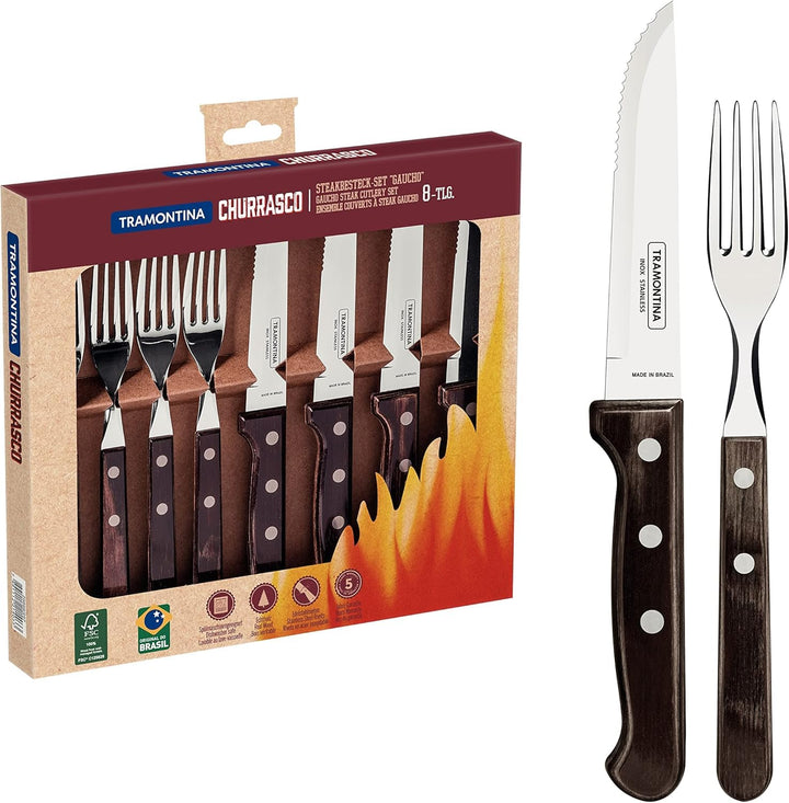 Tramontina Steakbesteck "Gaucho", Set 8-teilig, mit 4 Steakmessern und 4 Steakgabeln, Edelstahl, Ech