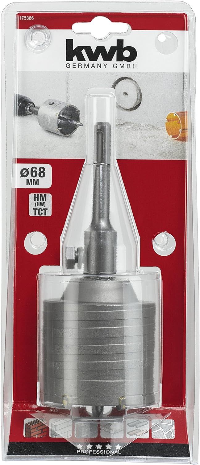 kwb Hohl-Bohrkrone Hartmetall, 68 mm Durchmesser-Grösse, SDS Plus Schaft, schlagbohrfest. inkl. Zent