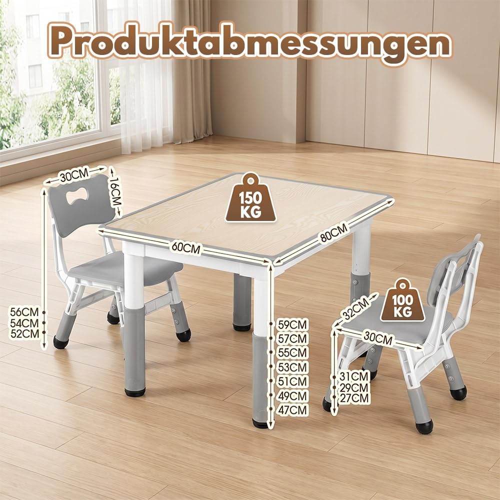 Playpals Kindertisch mit 2 Stühlen Set für Kinder von 2 bis 10 Jahren | Tisch Stuhl höhenverstellbar