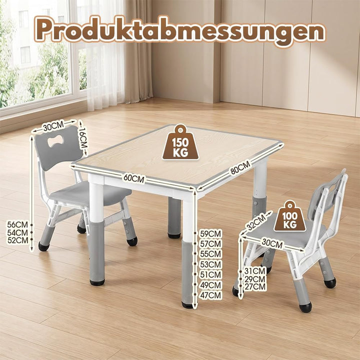 Playpals Kindertisch mit 2 Stühlen Set für Kinder von 2 bis 10 Jahren | Tisch Stuhl höhenverstellbar