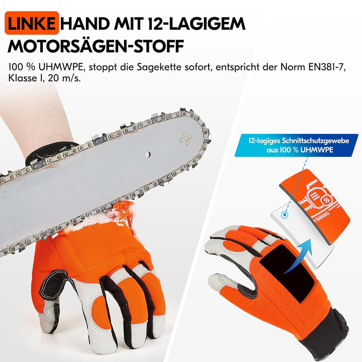 Vgo... 1Paar Kettensägenhandschuhe aus Rindsleder,12-Schicht Kettensägenschutz, Sicherheit-Arbeitsha