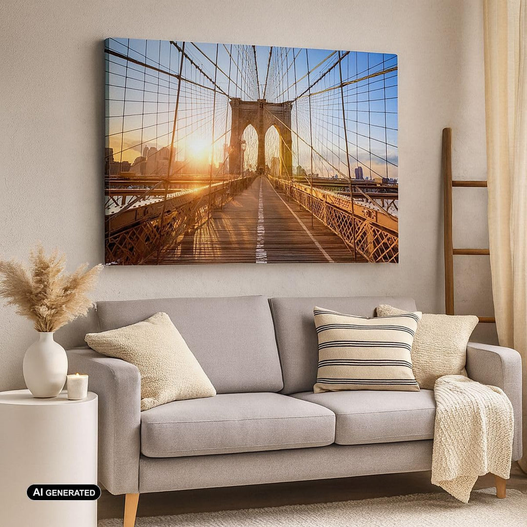 Bilder auf Leinwand 100x70cm Leinwandbild mit Rahmen New York Brücke Gross Wanddeko Bild Schlafzimme