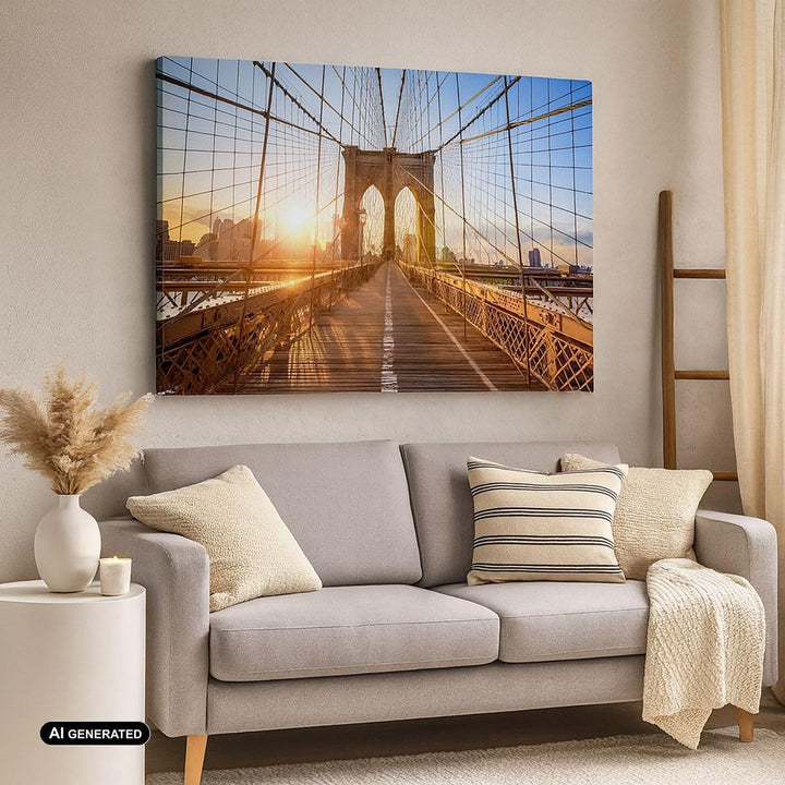 Bilder auf Leinwand 100x70cm Leinwandbild mit Rahmen New York Brücke Gross Wanddeko Bild Schlafzimme