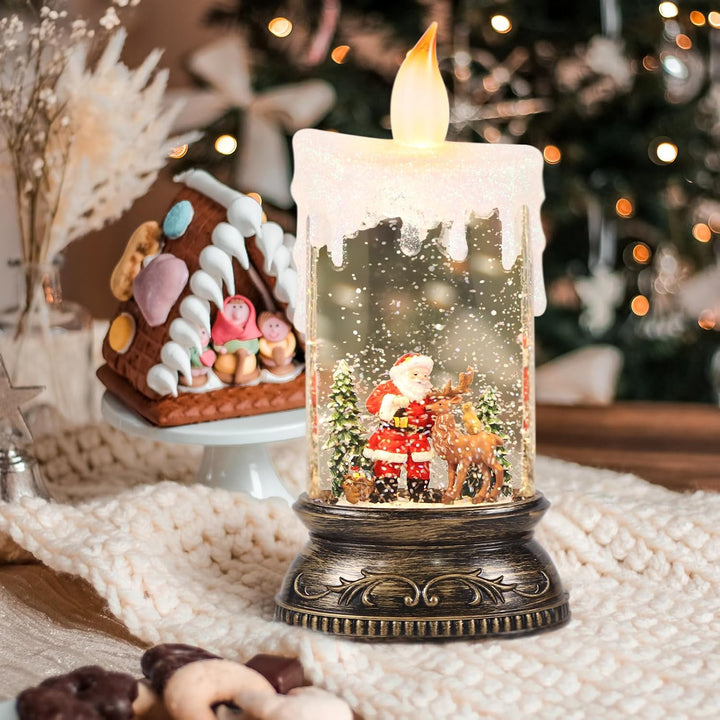 Eldnacele Schneekugel Weihnachtslaterne mit Timer & Musik, fliegendem Weihnachtsmann mit Rentieren,
