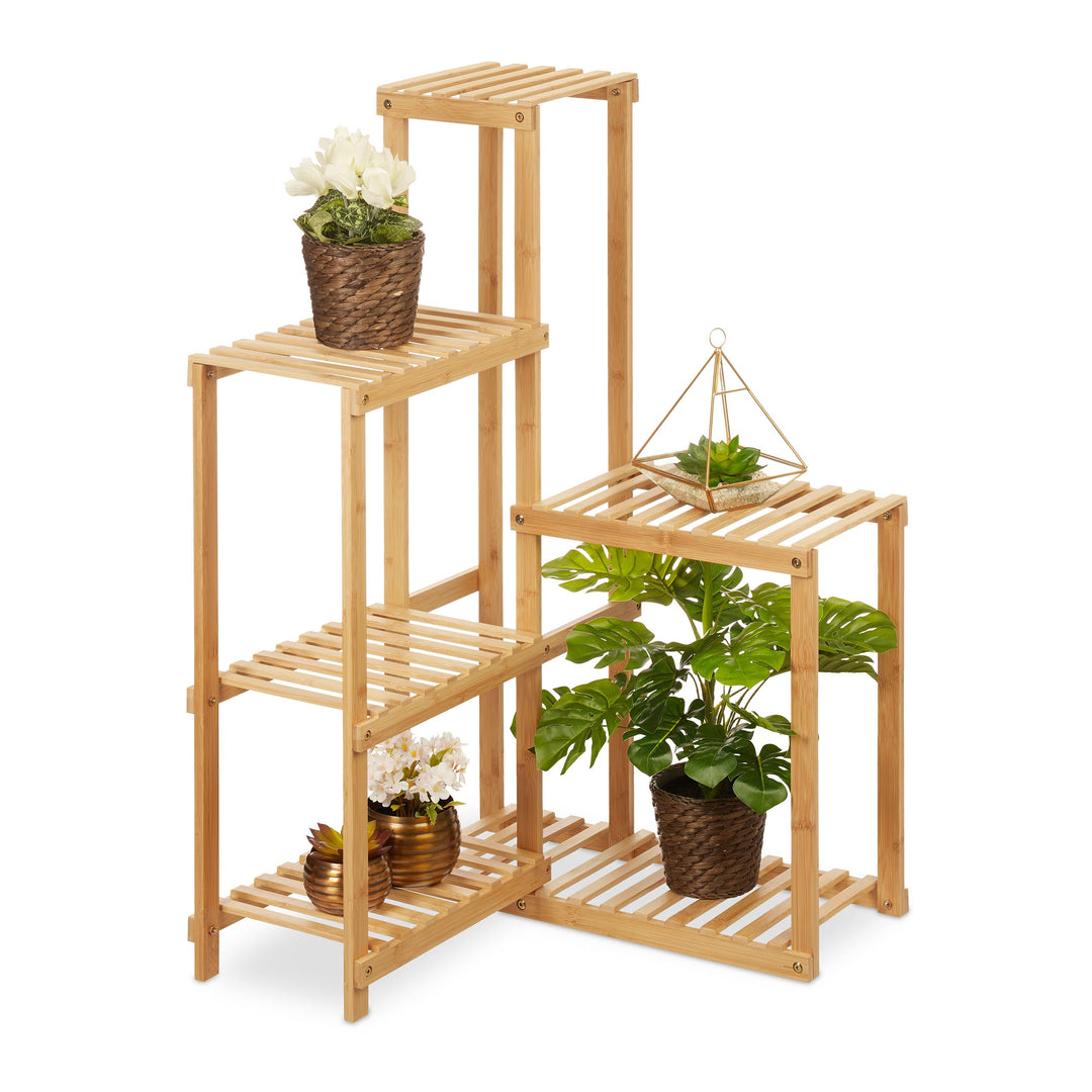 Relaxdays Pflanzenregal Bambus, 6 Ablagen, Pflanzen Eckregal für innen, HBT: 101x62x62 cm, Blumenreg