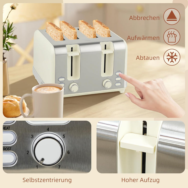 HOMCOM Wasserkocher Toaster Set mit Strix Thermostat Edelstahl Frühstück-Set mit 4 Scheiben Toaster,