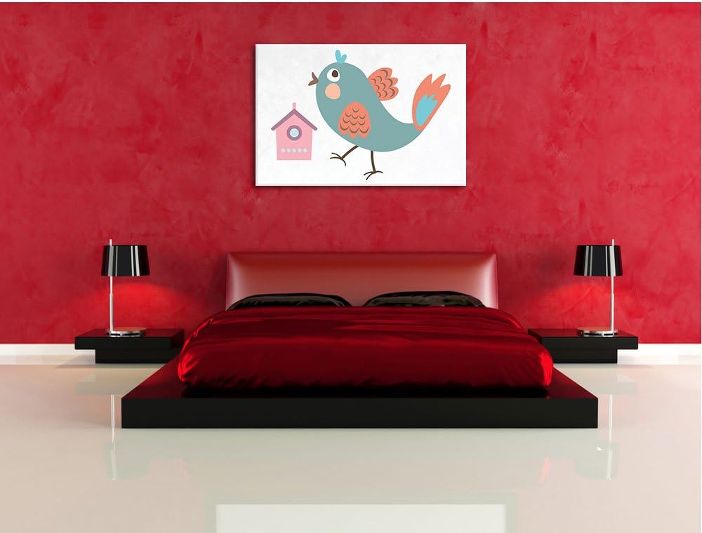 Pixxprint Niedlicher Vogel mit Vogelhäuschen / 100x70cm Leinwandbild bespannt auf Holzrahmen/Wandbil