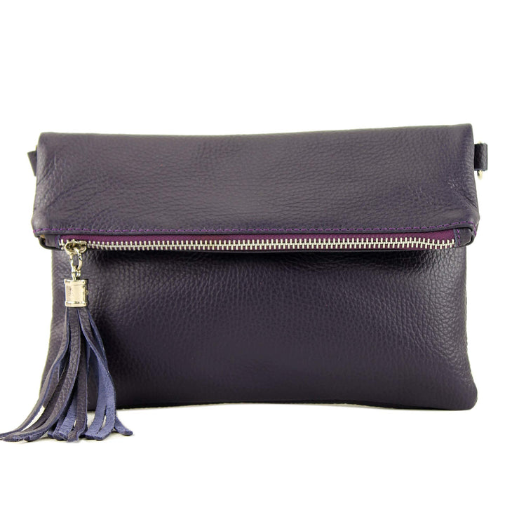 modamoda de - T167 - ital Clutch Umhängetasche Leder Klein Dunkellila, Dunkellila