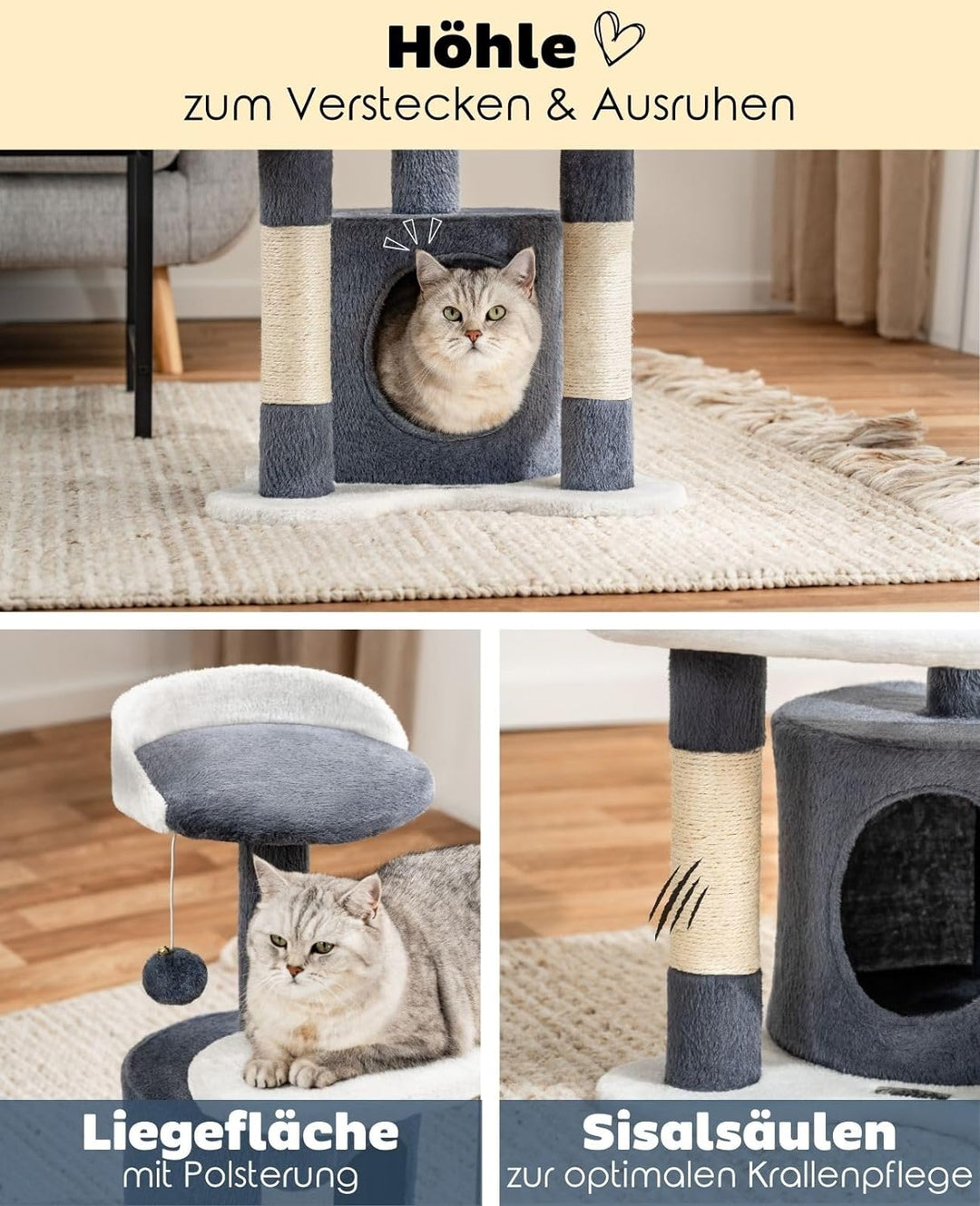 lionto Kratzbaum Kletterbaum Katzenkratzbaum Katzenbaum Höhe 65 cm, grau/weiss, Grau/Weiss