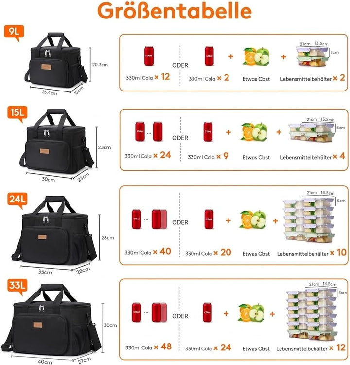 Lifewit Kühltasche klein, Isolierte Cooler Bag, Lunchtasche 32L 48 Dosen Schwarz 32L, Schwarz 32L
