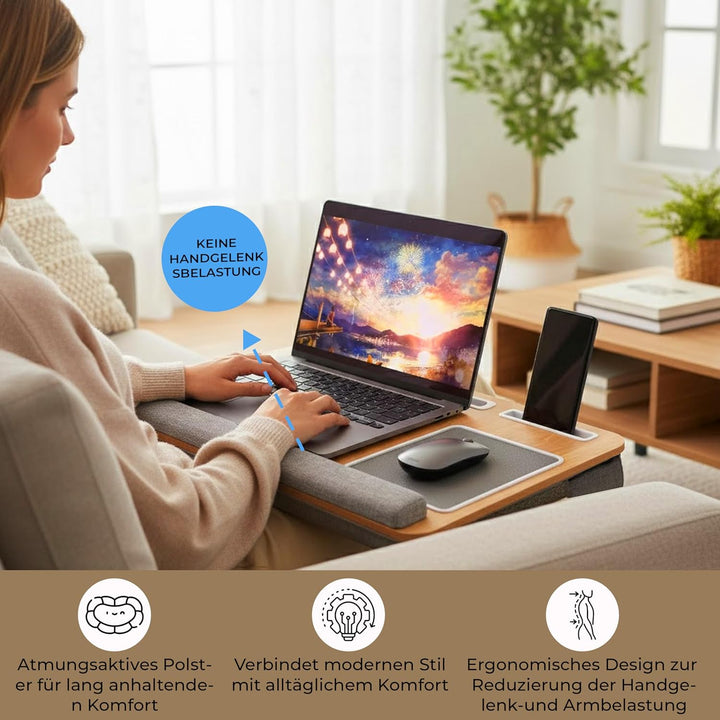 Laptopkissen für Bett & Sofa – Knietablett mit Kissen, Handyhalter & Handgelenkauflage – Passend bis