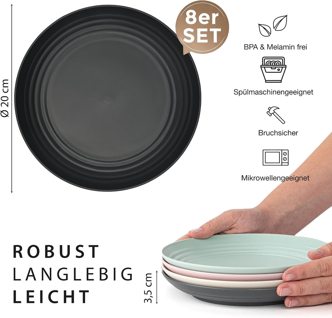 Hausfelder Teller Set 8x ø20 cm, Kunststoff, 4-farbig | 8 unzerbrechliche Mehrwegteller aus Kunststo