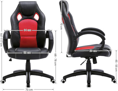 SONGMICS Racing Stuhl Bürostuhl Gaming Stuhl Chefsessel Drehstuhl PU, schwarz-rot, OBG56BR, 70*66.5*