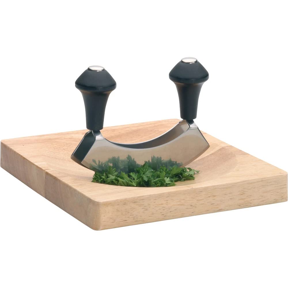 KitchenCraft Mezzaluna Hackmesser und Holzschneidebrett, Edelstahl-Doppelklingenmesser / Holz, 2er-S