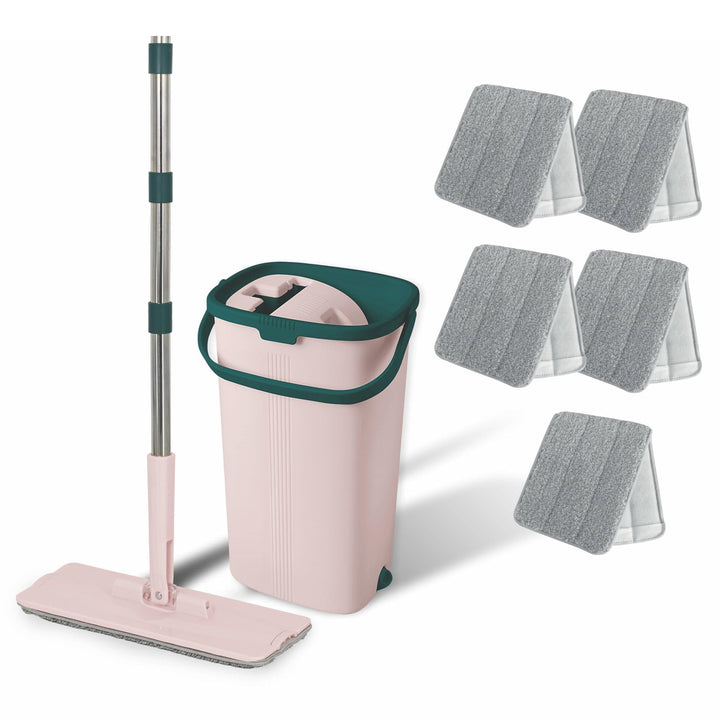 York - Mopp Flach | Ausgedrückt mit Eimer | Handy von York | Rosa-grün | Standard | 5-Austauschbarer