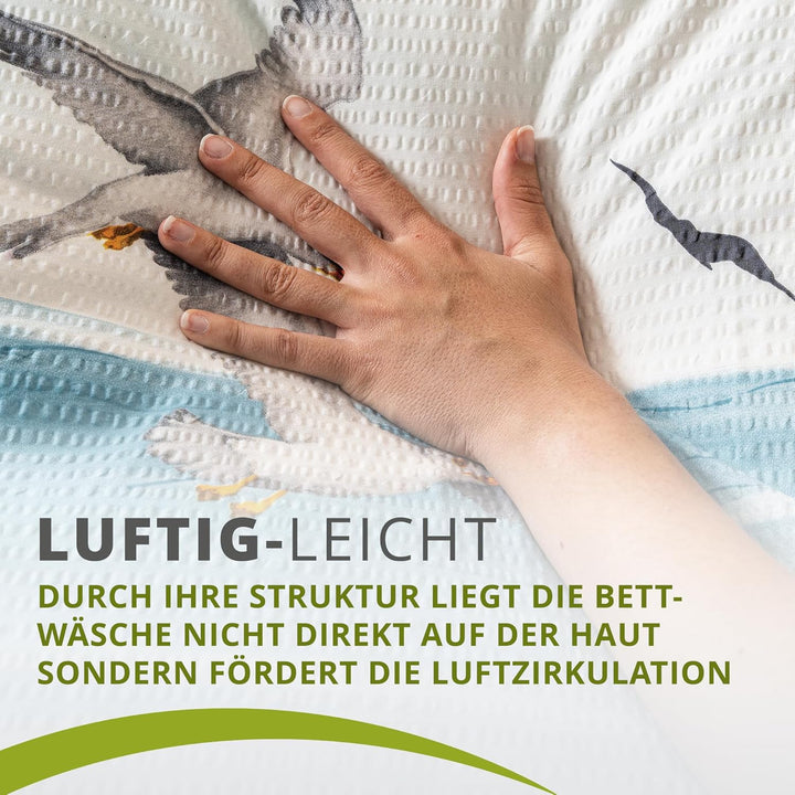 Traumschlaf Seersucker Bettwäsche Set •Bügelfrei• Maritimer Look Seemöven • mit Reissverschluss • 24