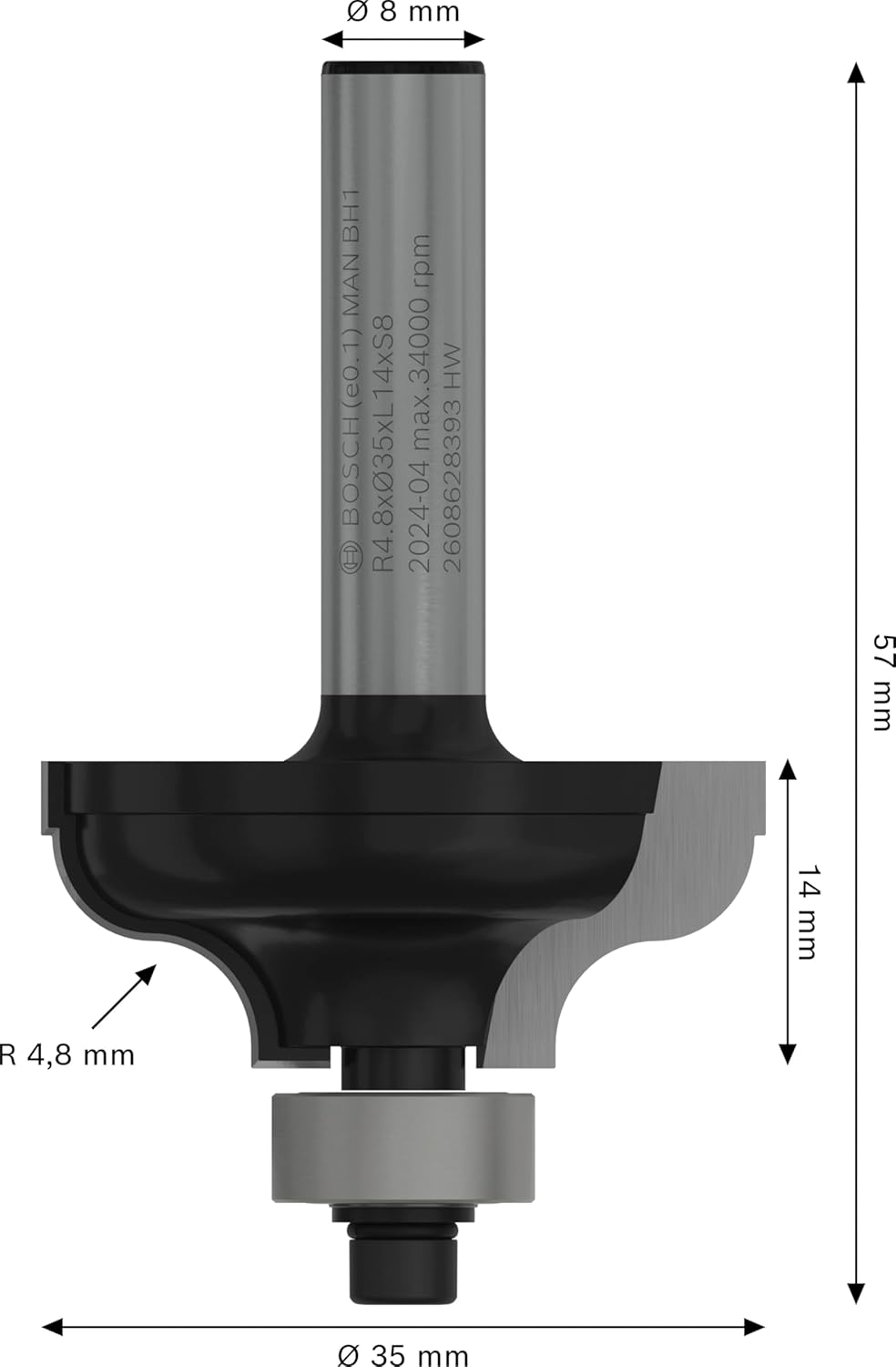 Bosch Professional 1x Kantenformfräser Standard for Wood (für Holz, Radius 4.8mm, Arbeitslänge 14mm,
