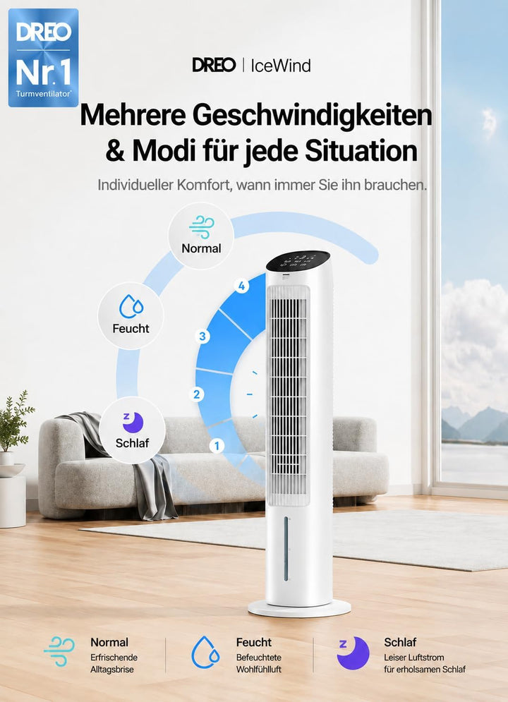 Dreo Turmventilator mit Kühlung leise, Ventilator mit Wasserkühlung, 40-Zoll Luftkühler, Verdunstung