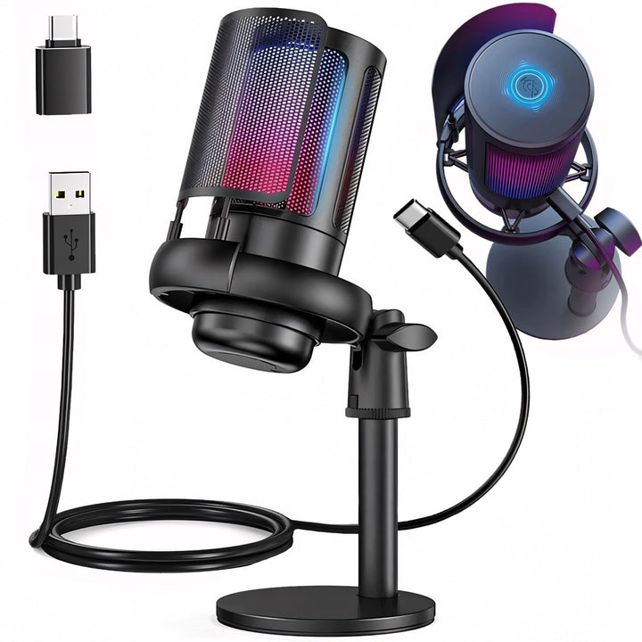 Retoo Gaming Mikrofon RGB, USB Mikrofon mit EIN-klick-Stummschaltfunktion, Rauschunterdrückung, Laut