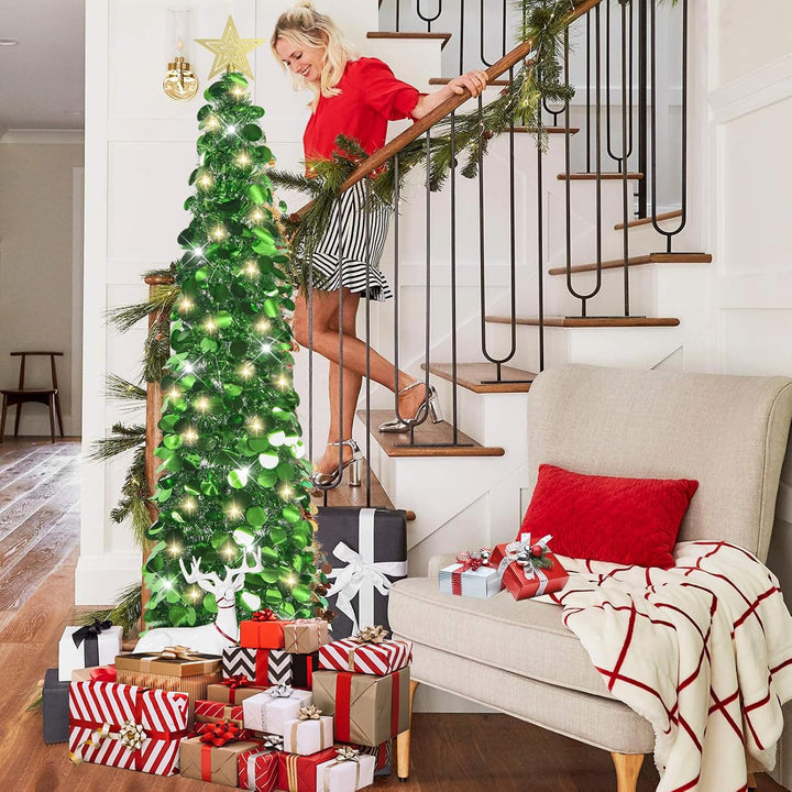 HMASYO 150 cm Pop-Up Lametta Weihnachtsbaum mit 50 Timer-Lichtern, Grün Zusammenklappbarer Künstlich
