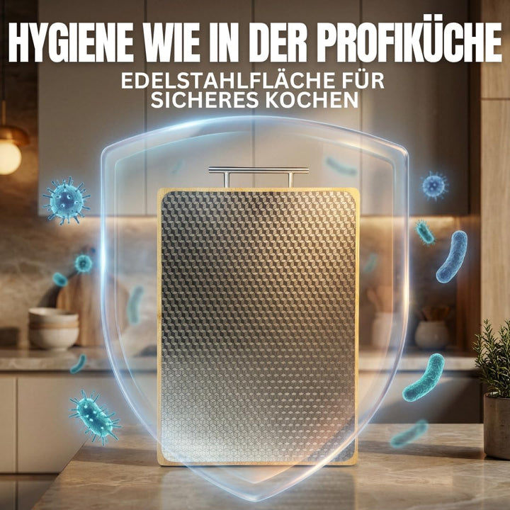 Doppelseitiges Schneidebrett Edelstahl &amp; Bambus | Küchenbrett mit Saftrille &amp; Metallgriff | Holzbret