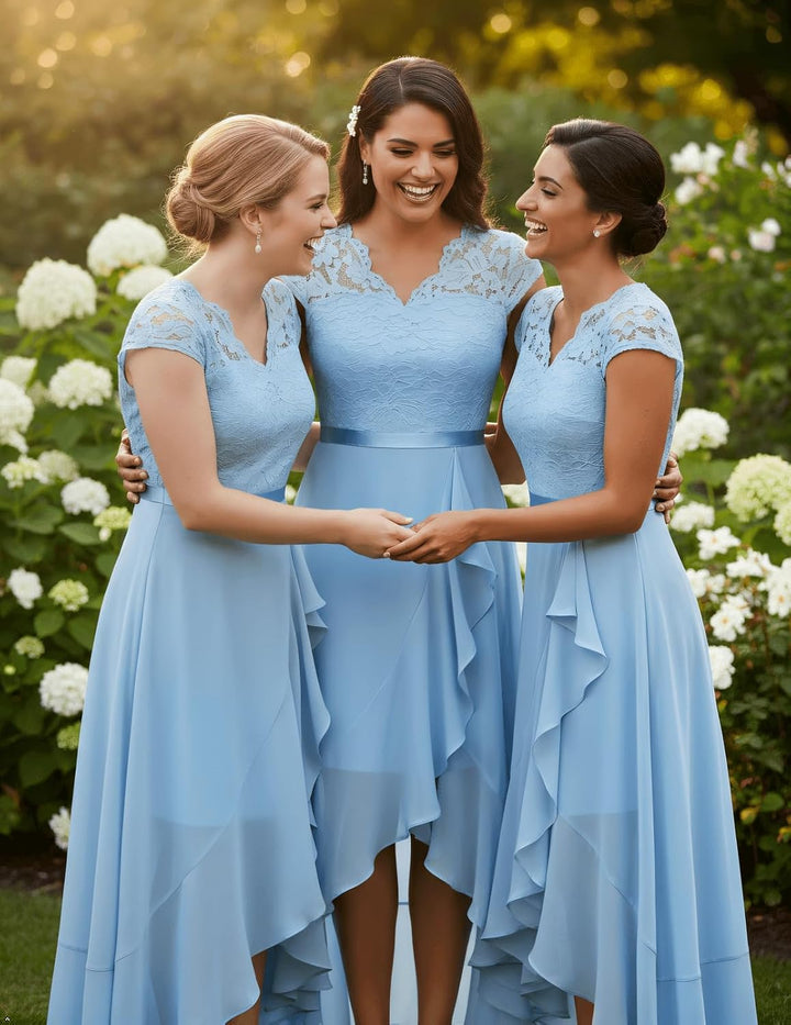 Bbonlinedress Abendkleider elegant für Hochzeit Spitzenkleid Chiffon Hi-Lo Kleid Brautjunferkleid Pa