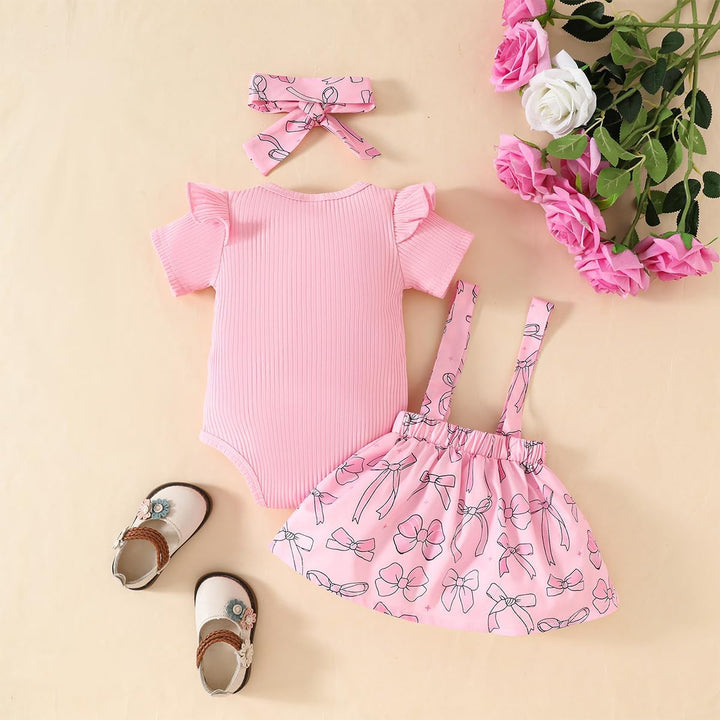 Neugeborenes Baby Mädchen Röcke Sets Kurzarm Rüschen Top + Bedrucktes Overalls Hosenträger Kleid + S