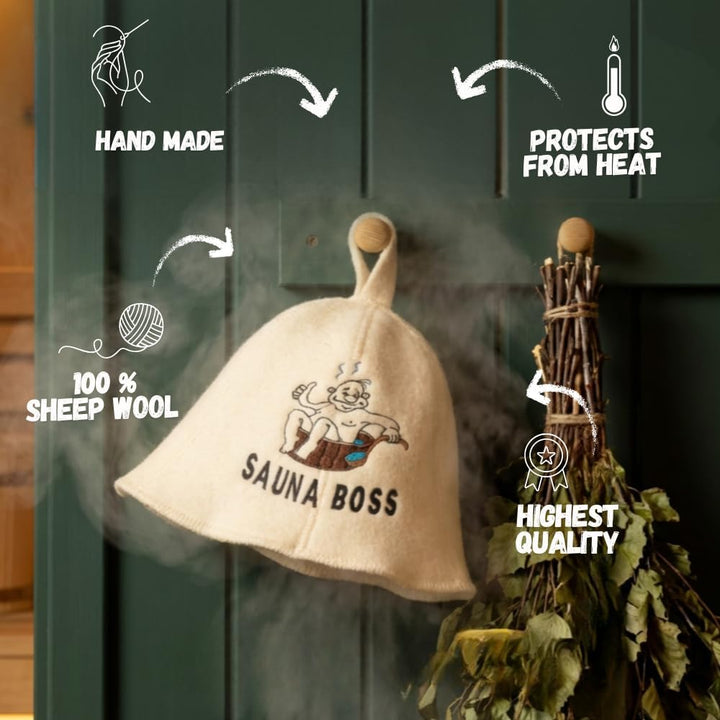 Natural Textile Saunahut 'Sauna Boss Bucket' White - 100% organische Wollfilzmützen - Schützen Sie I