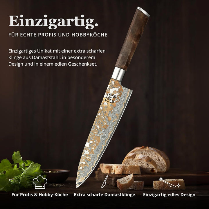 zayiko MysticMagma Chefmesser Damast 20 cm, 67 Lagen Damaststahl mit VG10 Kern, Kupfer und Bronze Ei