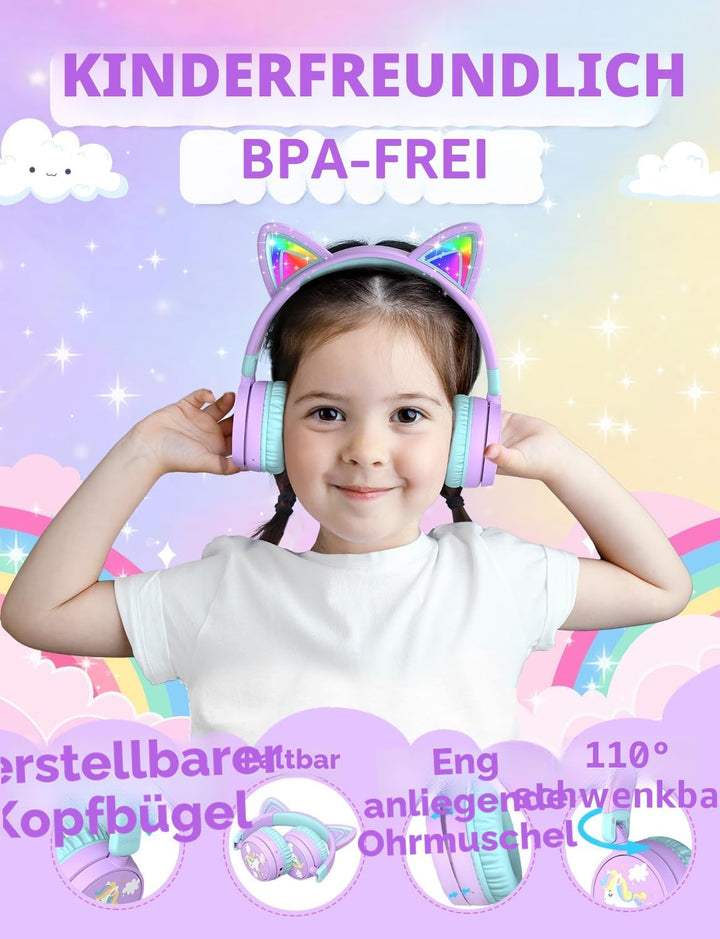 iClever Bluetooth Kopfhörer Kinder, 60 Stunden Spielzeit, Katzenohren mit LED-Leuchten, Sichere Laut